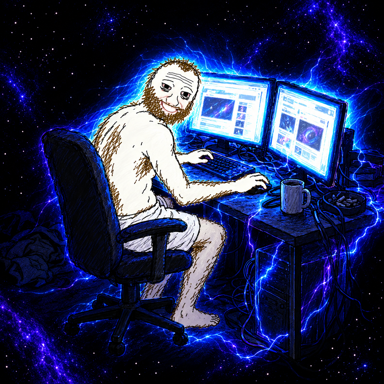 Goon at two glowing monitors, surrounded by electric blue and violet energy