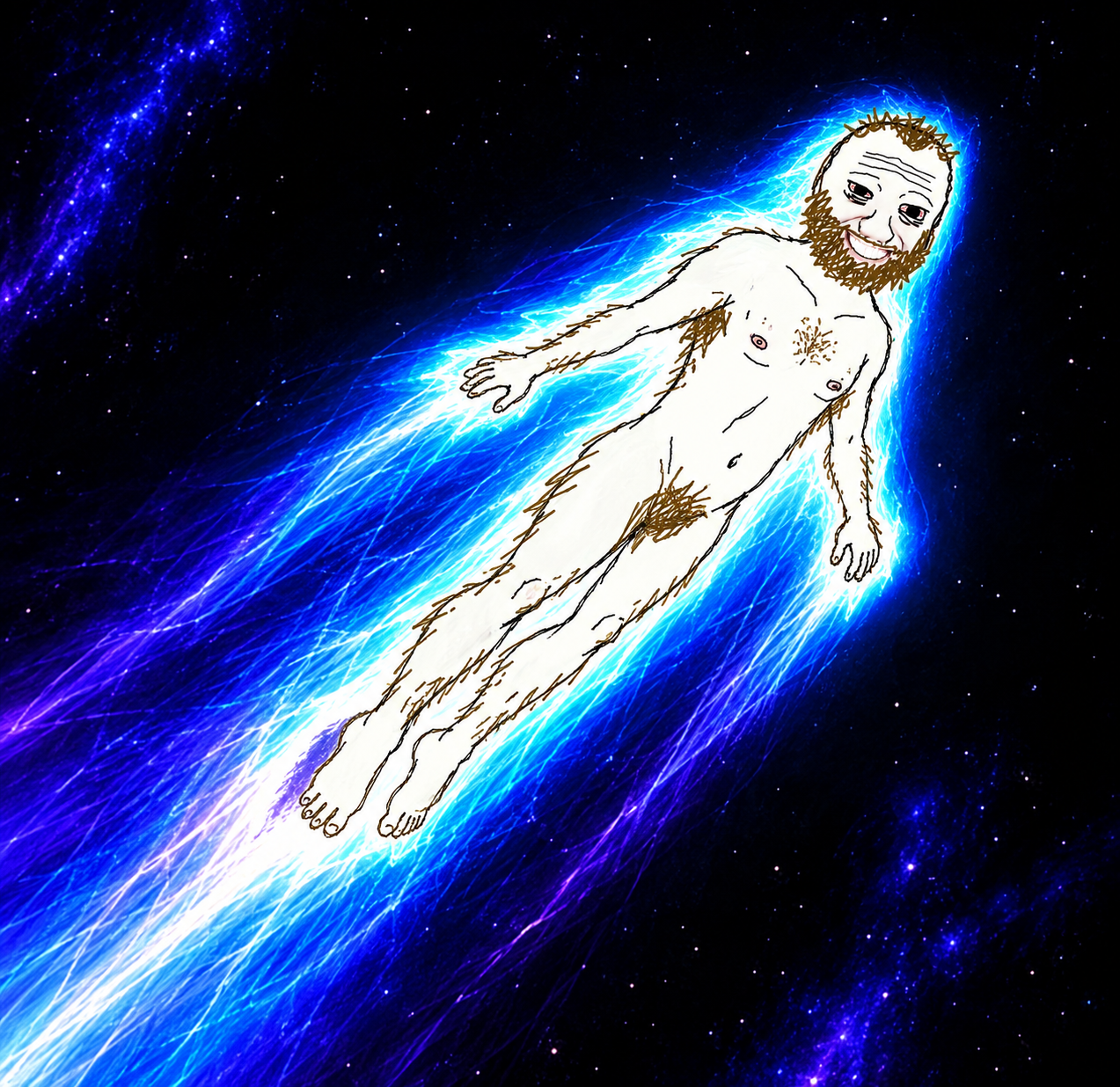 Goon rocketing through a black galaxy in an electric blue aura